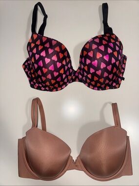 Victoria’s Secret Black Heart-Print Push-Up Bra & Nude T-Shirt Bra Duo